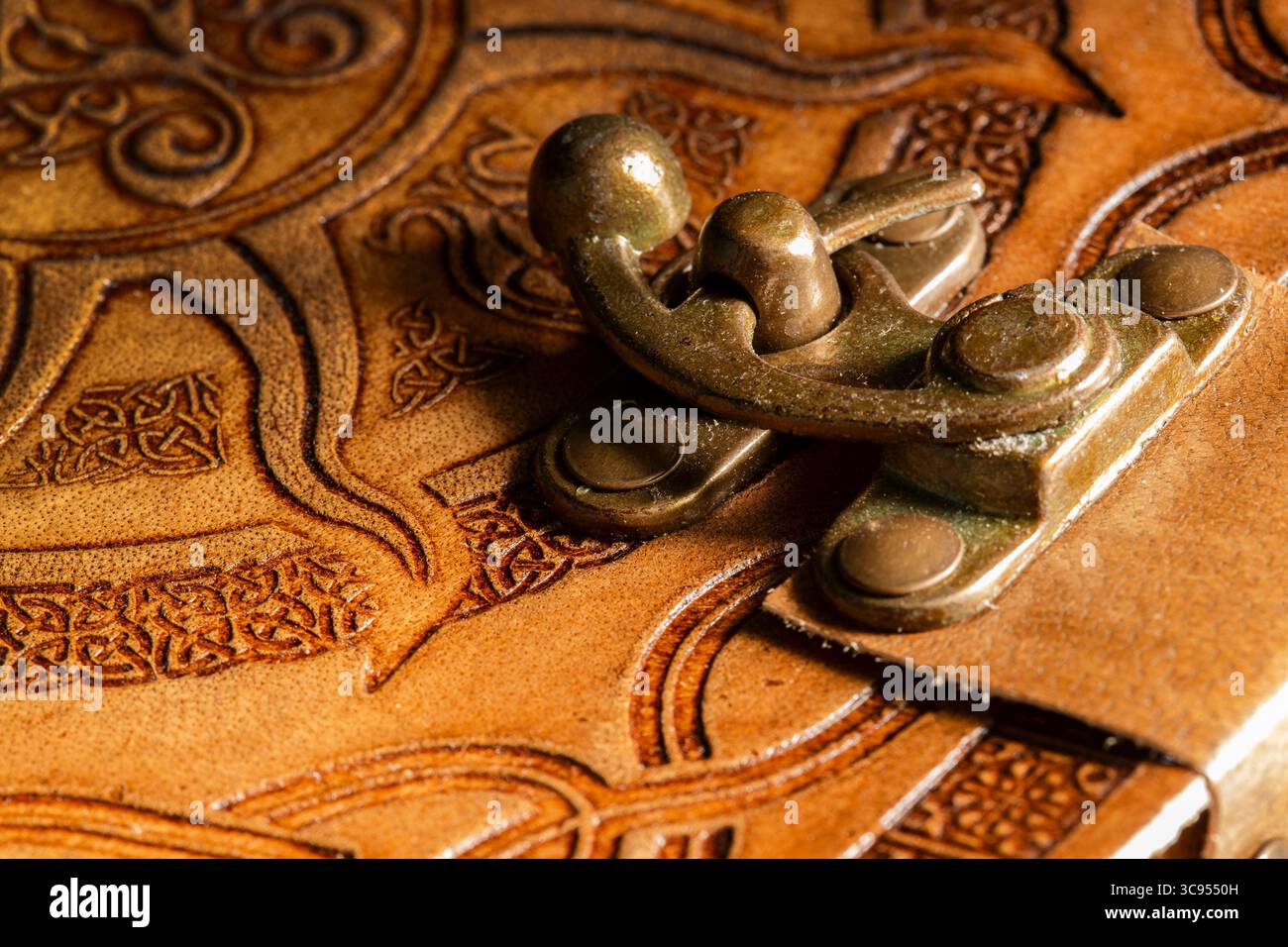 Nahaufnahme eines Metallverschlusses auf einem alten geprägten Lederjournal-Hintergrund. Stockfoto