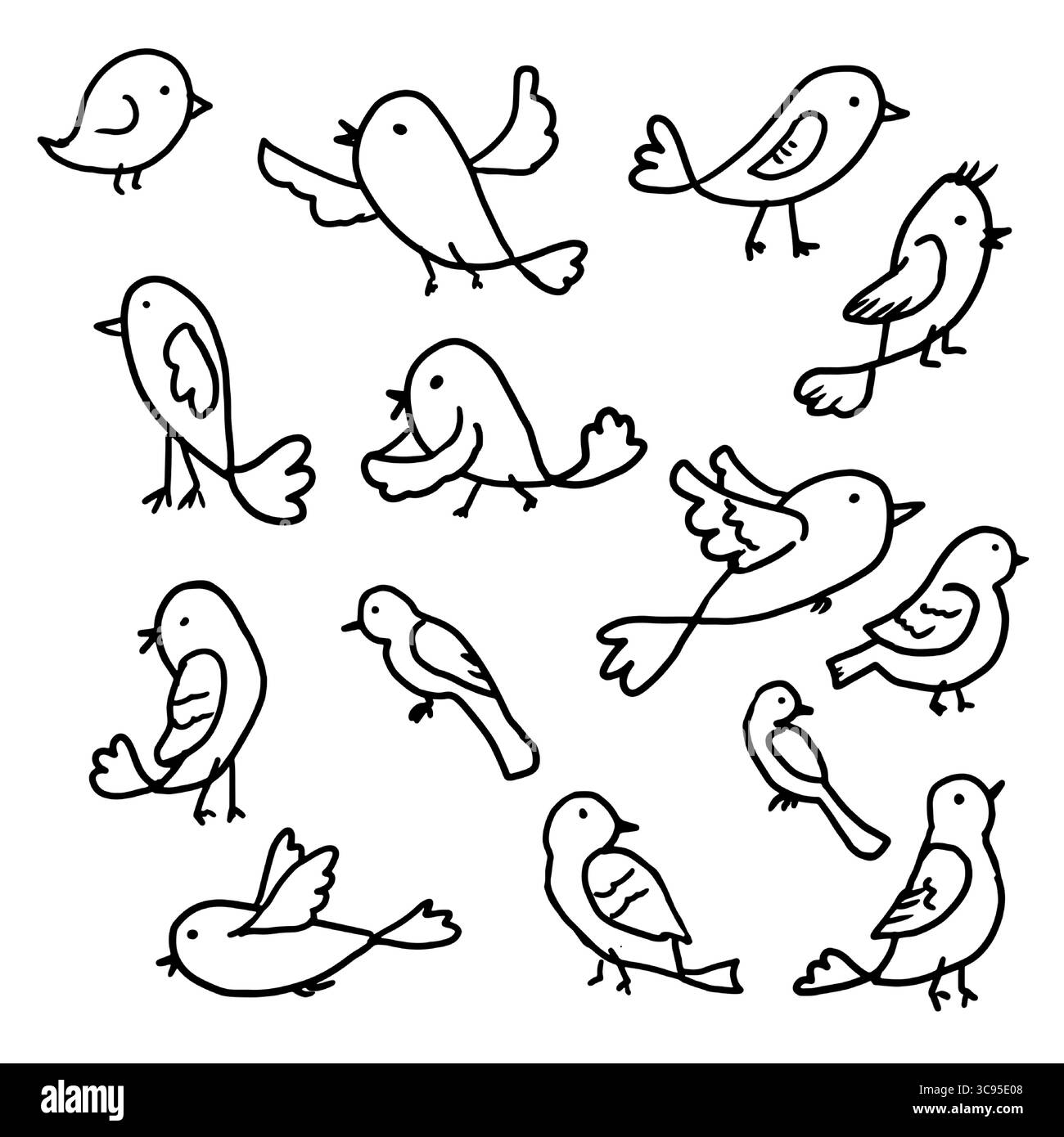 Kleine Vögel in verschiedenen Formen, Schwarzweiß-Skizzenzeichnung. Vektorabbildung. Eine einfache Zeichnung, Vögel, Stilisierung der Zeichnung eines Kindes Stock Vektor