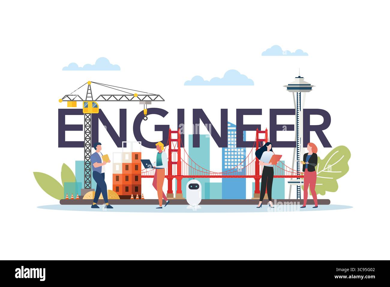 Ingenieursklasse mit technischen Elementen und Personen. Schulpädagogik-Vektor-Cartoon Stock Vektor