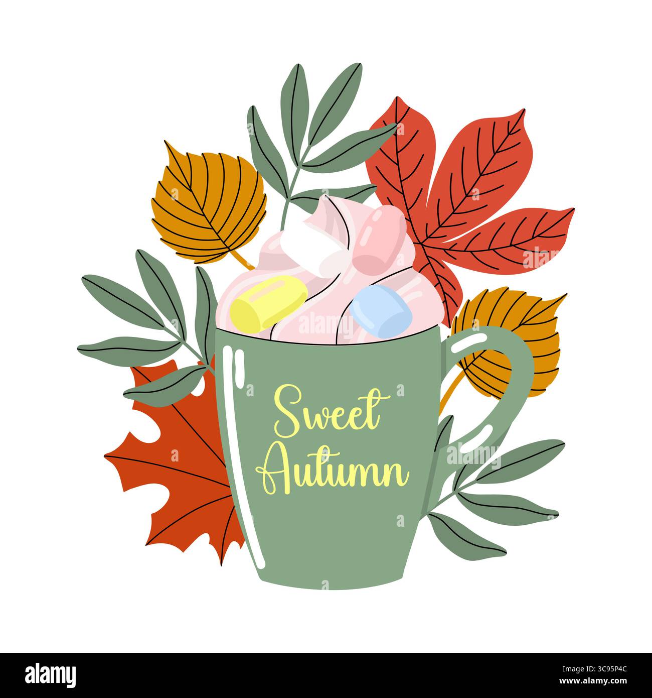 Herbstbecher mit Marshmallows und bunten Blättern Stock Vektor