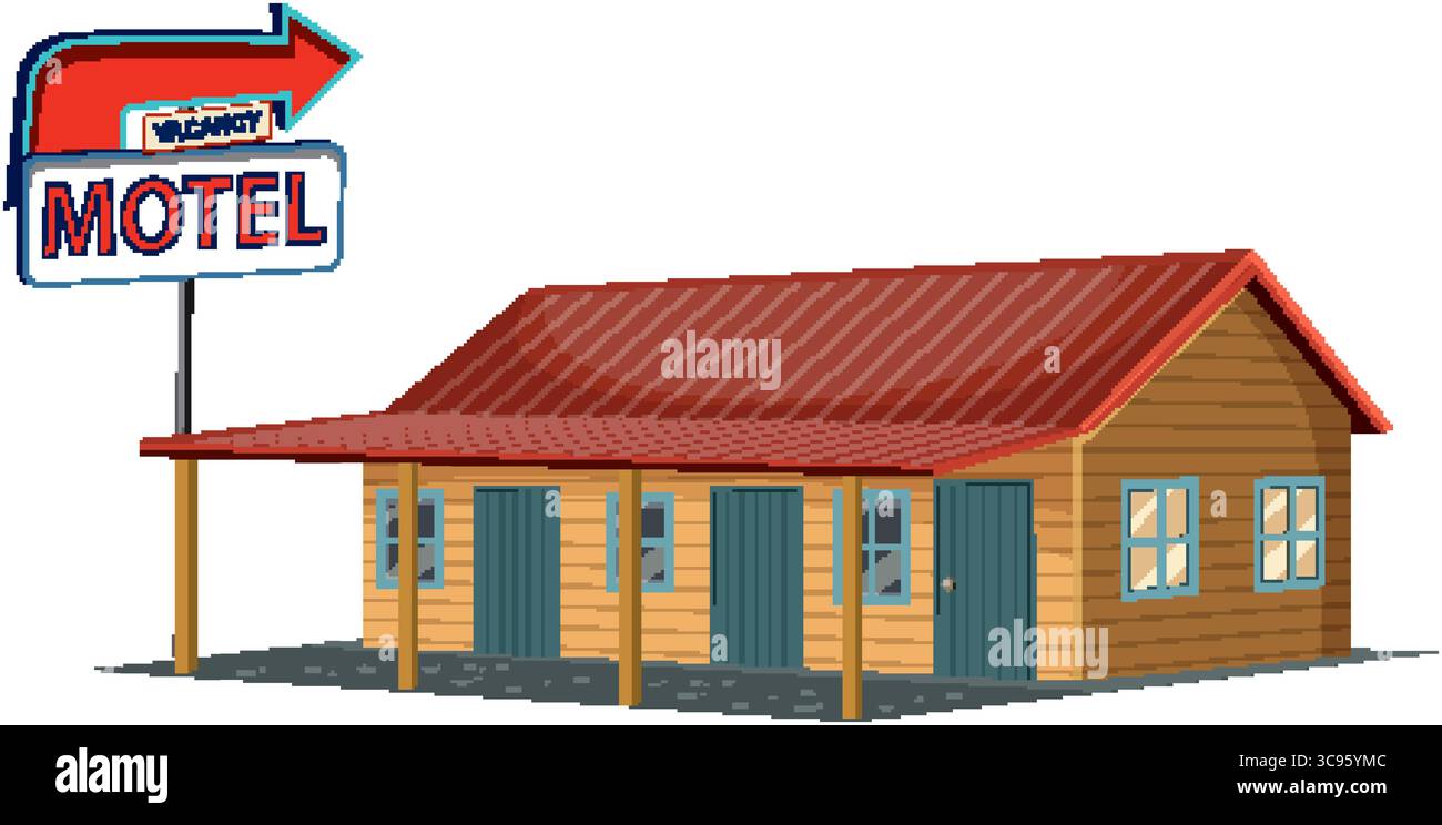Vektor-Illustration eines klassischen Motels mit einem Leerstand-Schild. Mit rotem Dach, Holzfassade und schlichtem Design Stock Vektor