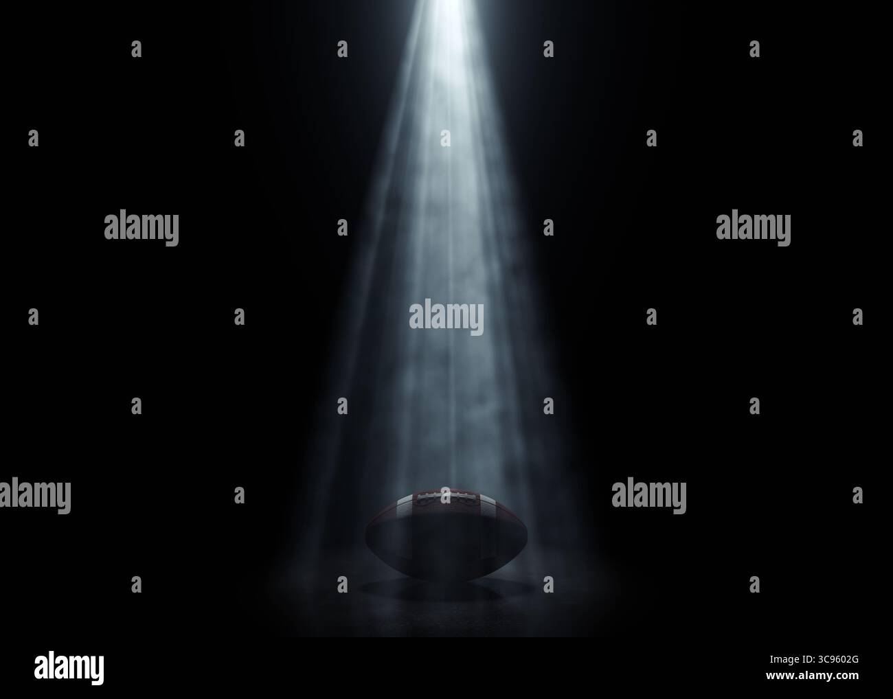 Ein american Football-Sportball, der von einem einzigen ätherischen Licht auf einem dunkelschwarzen Hintergrund beleuchtet wird – 3D-Rendering Stockfoto