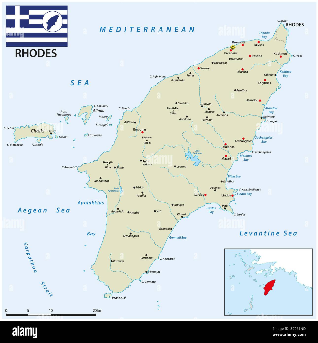 Vektorkarte der griechischen Mittelmeerinsel Rhodos Stockfoto