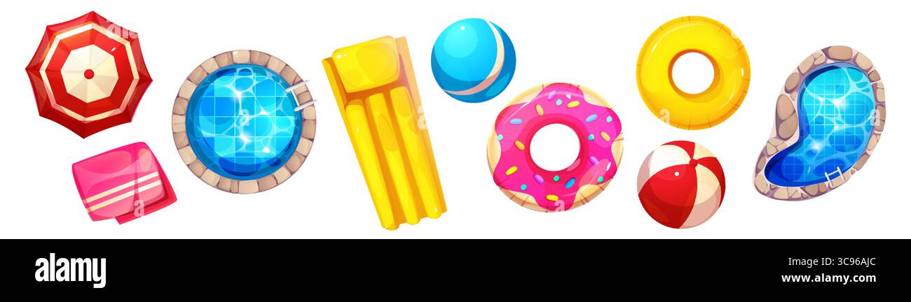 Poolaccessoires mit Blick von oben mit Sonnenschirm und Handtuch, Stein am Pool und an der Wasseroberfläche, Luftmatratze und bunten Gummiaufblasgeräten. Badeartikel für Sommerurlaub für Resort- oder Wasserpark-Design. Stock Vektor
