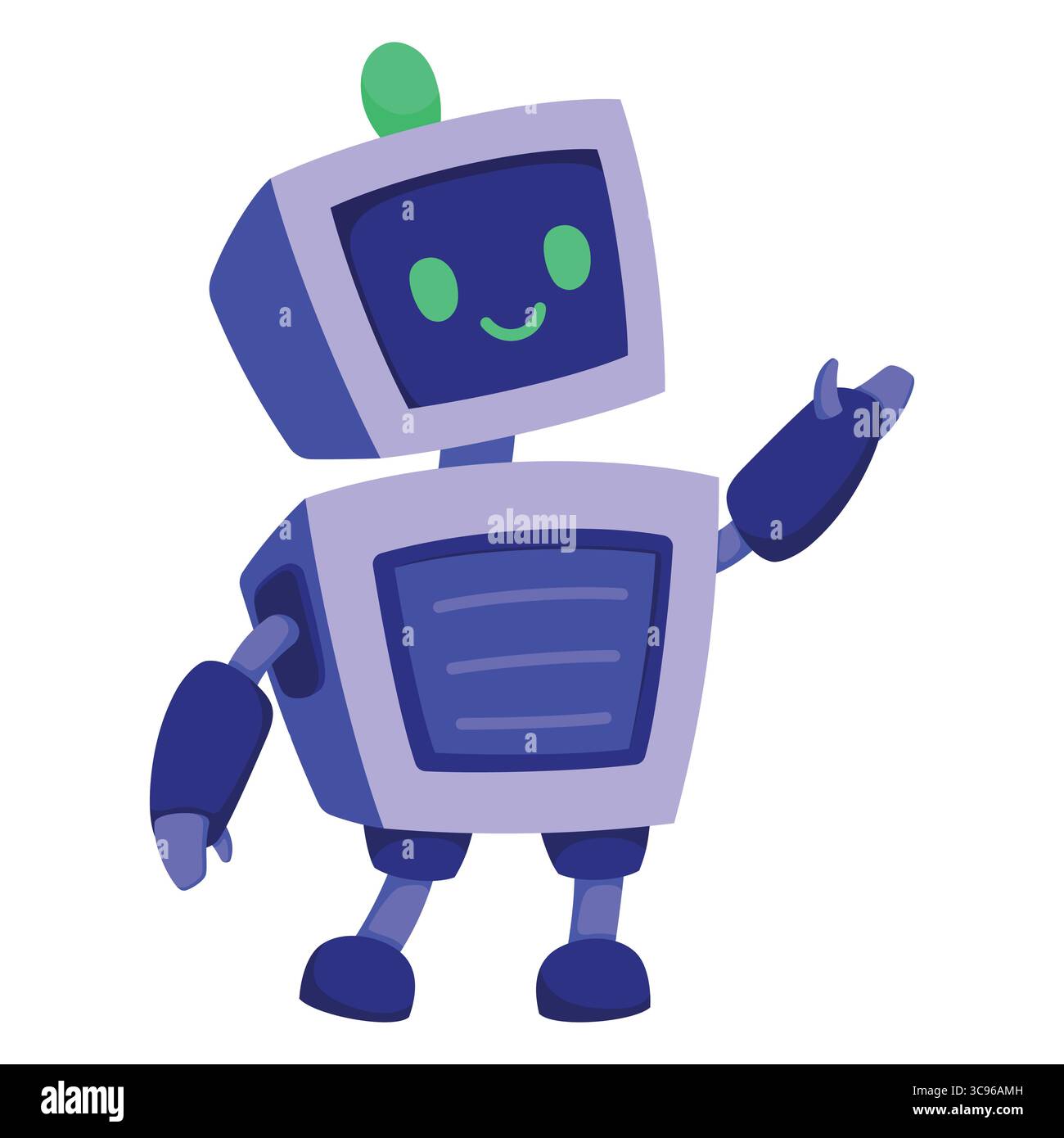 Freundlicher AI-Maskottchenroboter mit quadratischem Kopf und grüner Antenne. Lila android mit lächelndem Gesicht, hellgrünen Augen und einem erhobenen Arm Stock Vektor