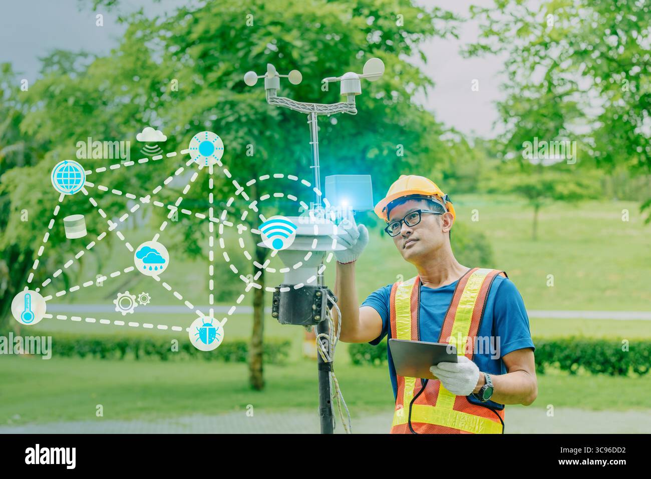 IoT Smart Wettersensor Datensammlung, Wind Luftverschmutzung Informationsmonitor Datensatzstation mit Infografik Stockfoto