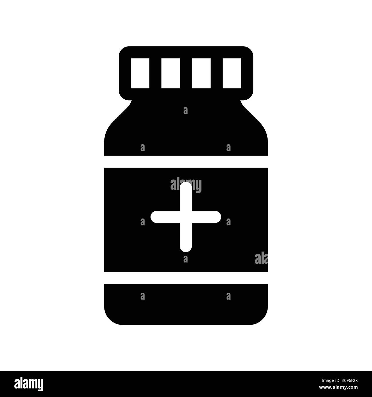 Einfaches schwarzes Symbol, das eine Medizinflasche mit einem Pluszeichen darstellt, das Gesundheit, Wellness und Ernährung in einem minimalistischen Stil symbolisiert, der sich für Vari eignet Stock Vektor