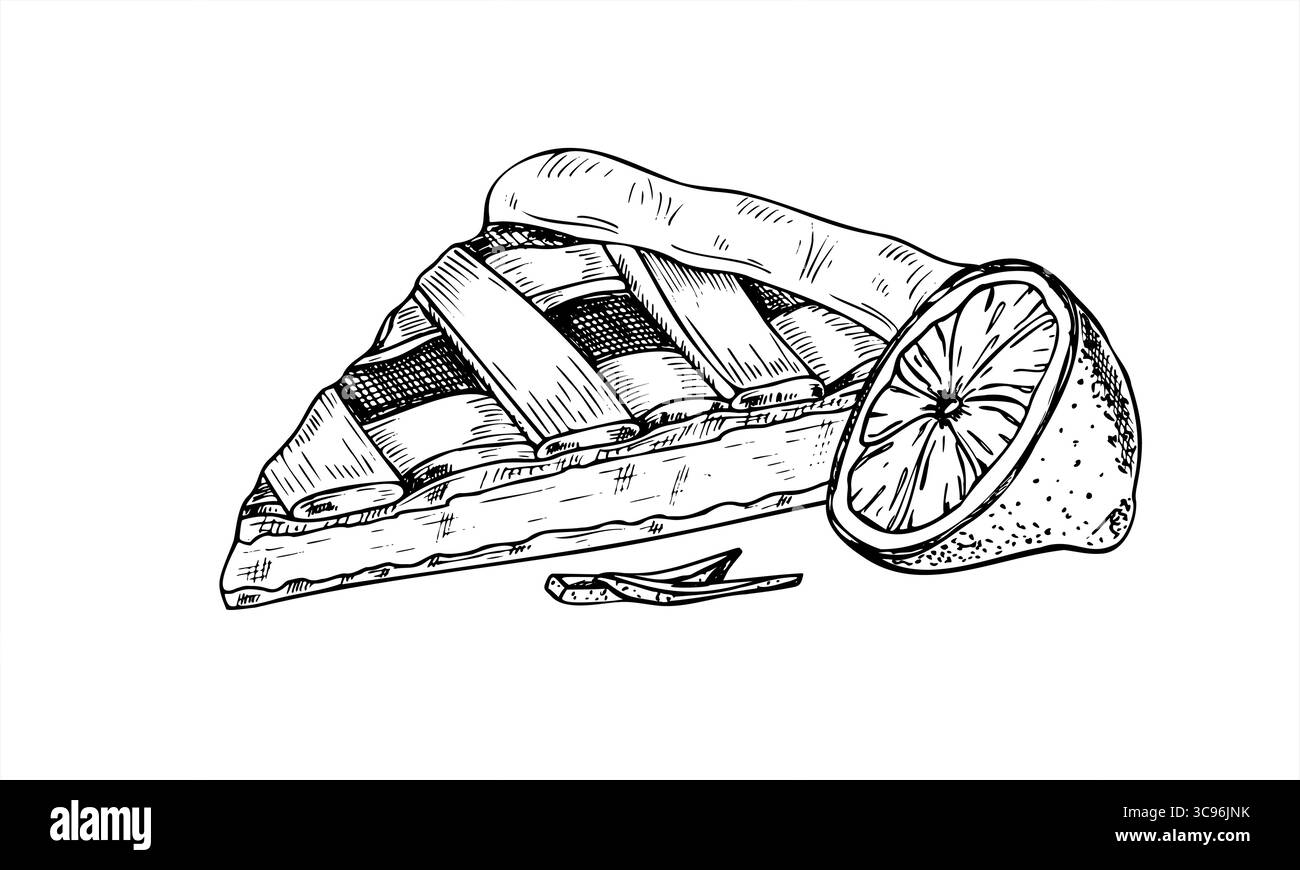 Vektor Zitronenkuchenscheibe mit Schale und Zitrus halbe Illustration gemalt von Tinten. Obst Zitruskuchen handgezeichnete grafische Strichkunst. Schwarzweiß-Teigskizze Stock Vektor