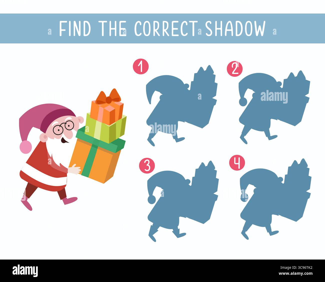 Suchen Sie denselben richtigen Schatten. Spiel für Kinder. Weihnachtsmann mit Weihnachtsgeschenken. Vektorabbildung. Stock Vektor