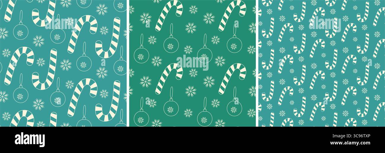 Gestreifte Candy Cane Schneeflocke und Weihnachtsbaumkugeln Kreide Hand gezeichnet nahtlose Muster Hintergrund Set. Isolierte Vektor-Illustration Weihnachtsfeiertag Gruß Hintergrund Flugblätter, Poster, Verpackung, Tag Stock Vektor