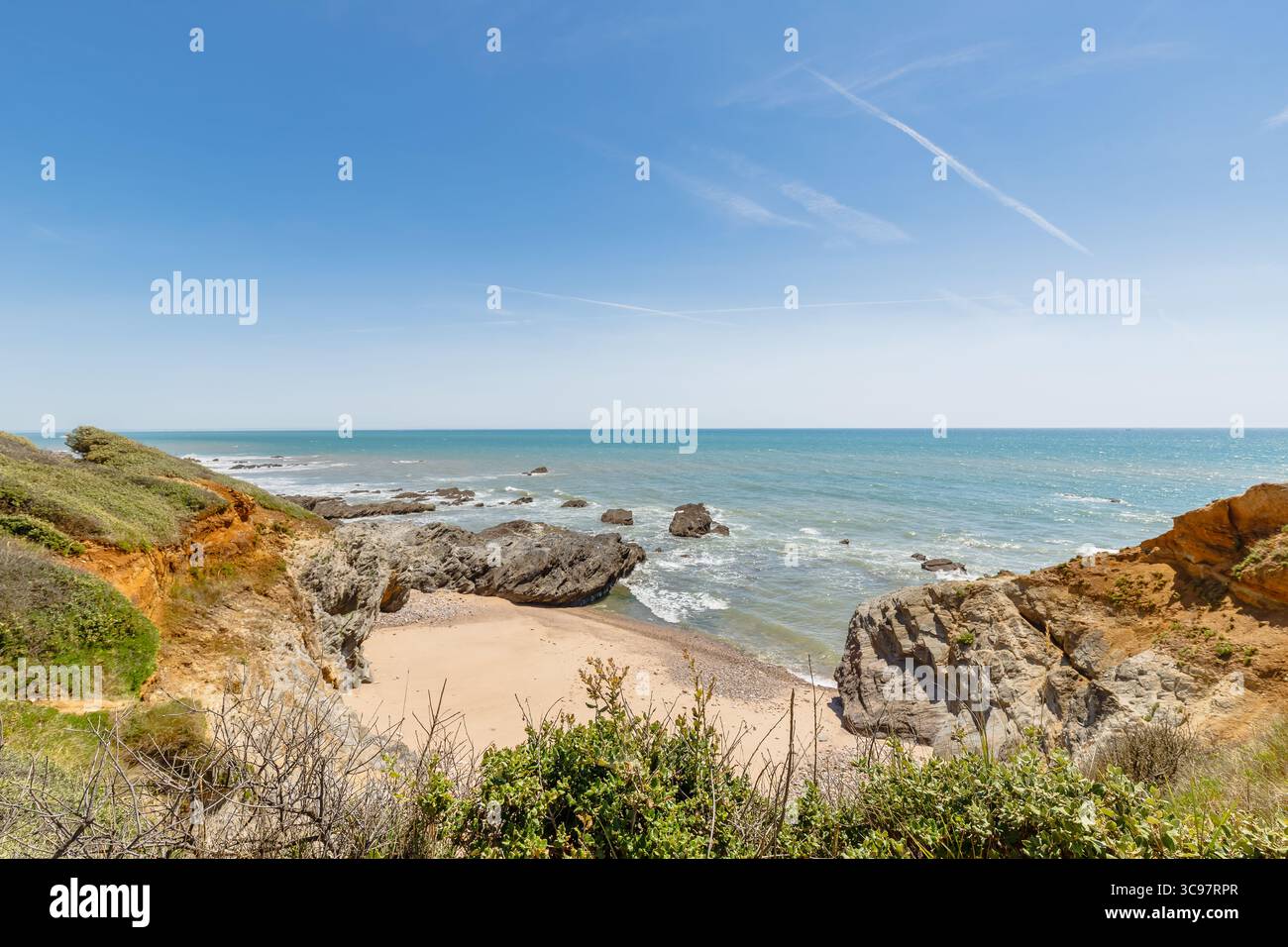 Blick auf den Strand Pointe du Payre, Jard sur Mer, Frankreich an einem Sommertag, Vendée, Frankreich Stockfoto