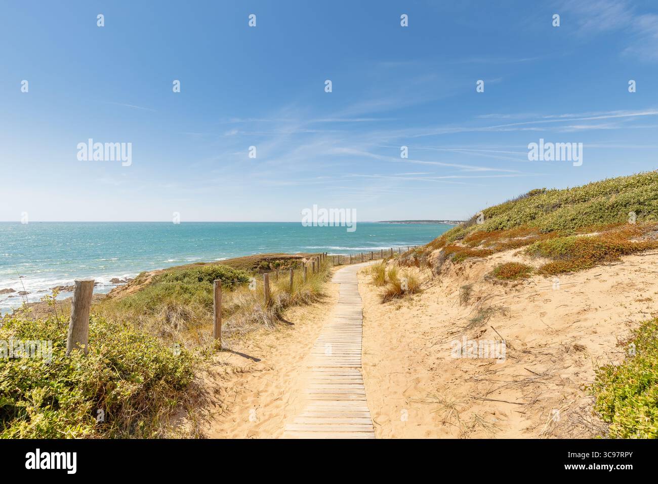 Blick auf den Strand Pointe du Payre, Jard sur Mer, Frankreich an einem Sommertag, Vendée, Frankreich Stockfoto
