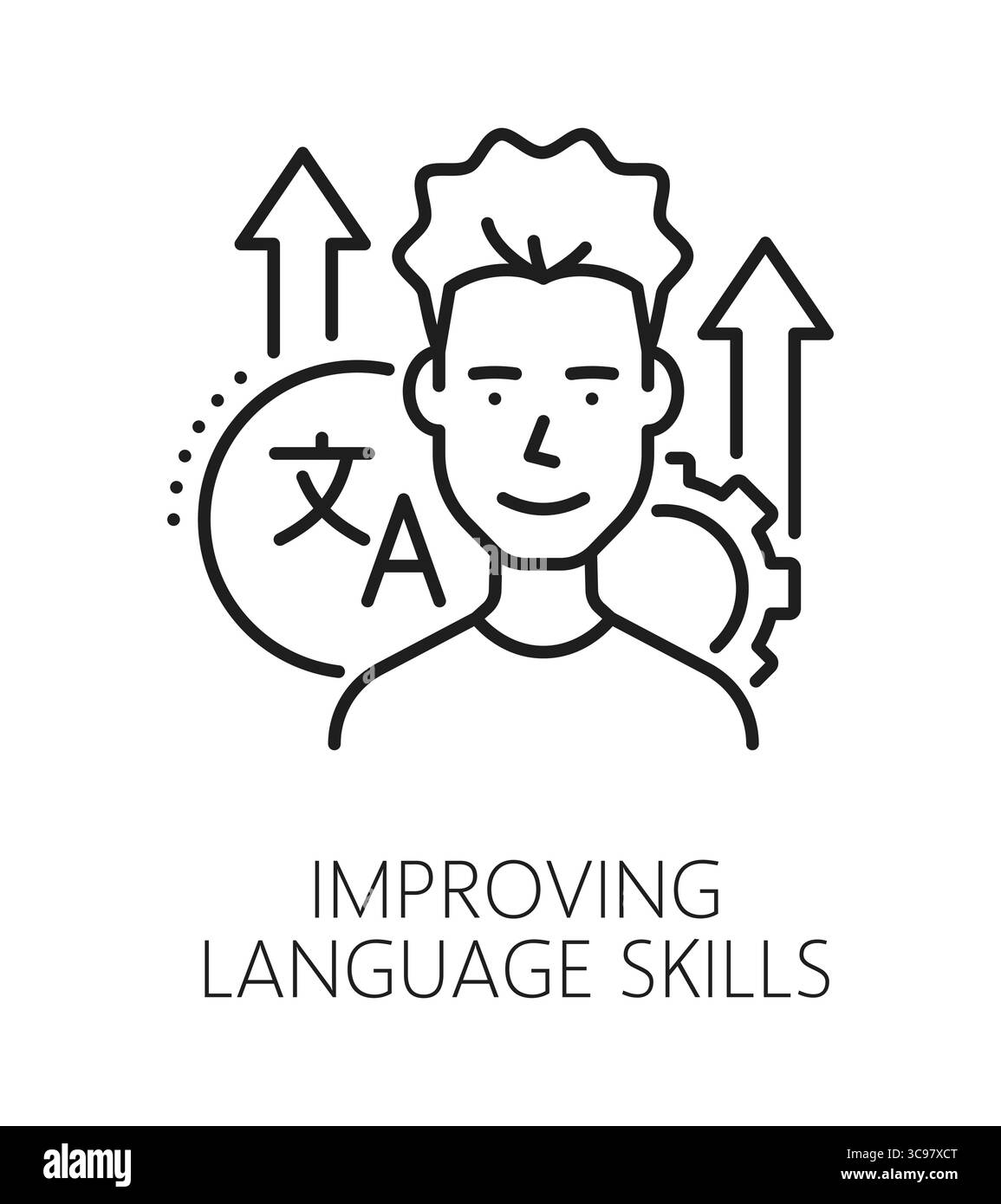 Zeilensymbol oder -Zeichen für englische Übersetzungsfähigkeiten. Sprache übersetzen Vektorsymbol, Piktogramm für englisches Wörterbuch. Vokabelzeichen mit Jugendcharakter und Aufwärtspfeilen Stock Vektor