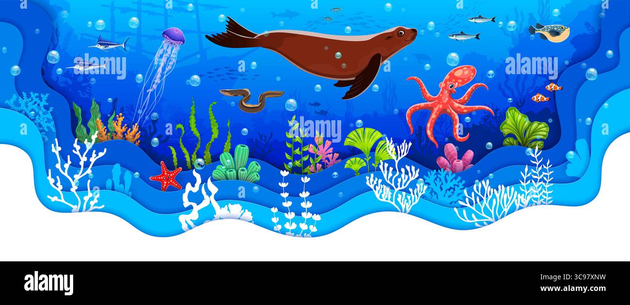 Papier geschnittene Unterwasserlandschaft mit Robben, Kraken und Fischschwärmen. Ocean Underwater Life 3D Papier geschnittene Vektorlandschaft mit aquatischen Säugetierfiguren, Algenpflanzen und versunkener Schiffssilhouette Stock Vektor