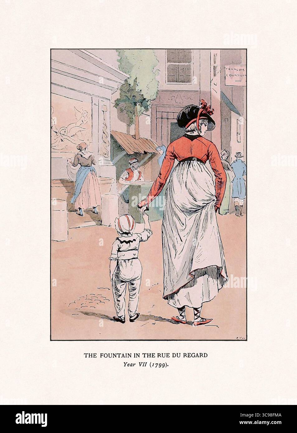 Antike Mode-Illustration. Handgefärbtes Teller aus dem Jahr 1898, das Pariser Kleidungsstile zeigt. Stockfoto