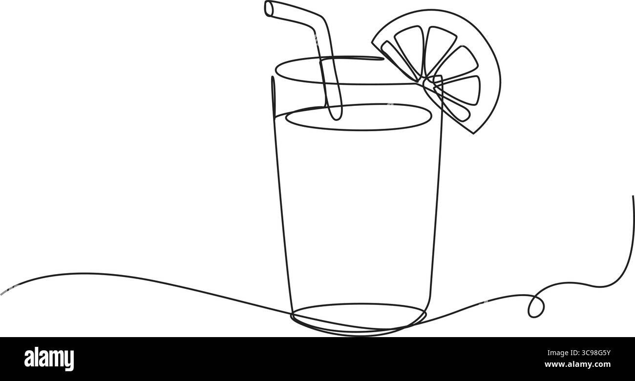 Durchgehendes einzeiliges Glas mit Strohblende und Zitronenscheibe. Erfrischendes kaltes Getränk, Vector. Stock Vektor
