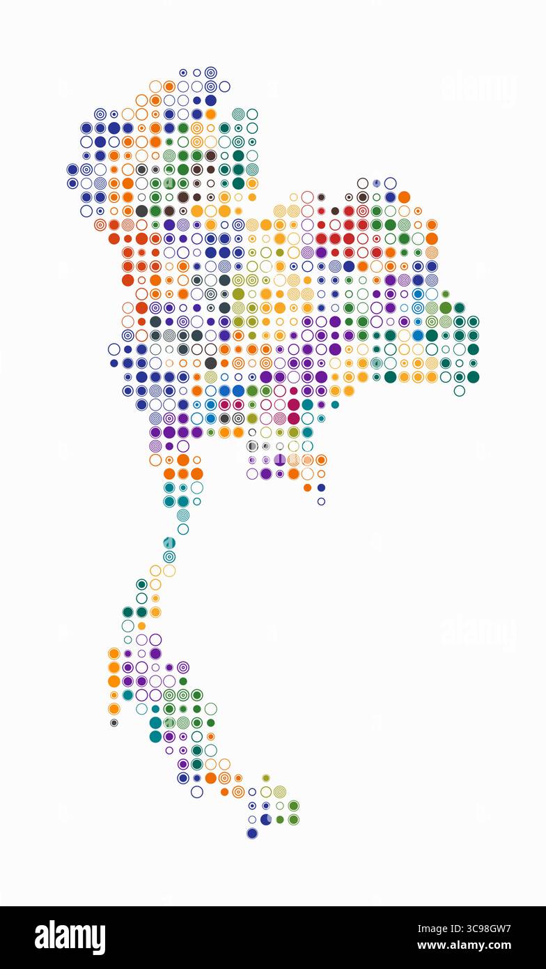 Thailand, Gestalt des Landes aus farbigen Zellen. Digitale Karte von Thailand auf weißem Hintergrund. Kleine Kreisblöcke. Stock Vektor