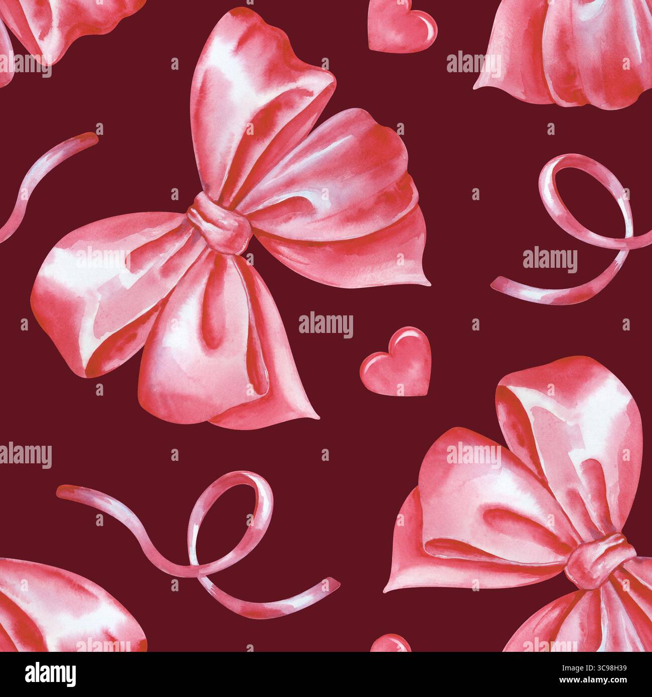 Nahtloses Aquarellmuster mit rosafarbenen Schleifen, Bändern und Herzen auf dunkelrotem Hintergrund. Nahtloser Hintergrund mit Schleifen, Bändern und Herzen für Stoff Stockfoto