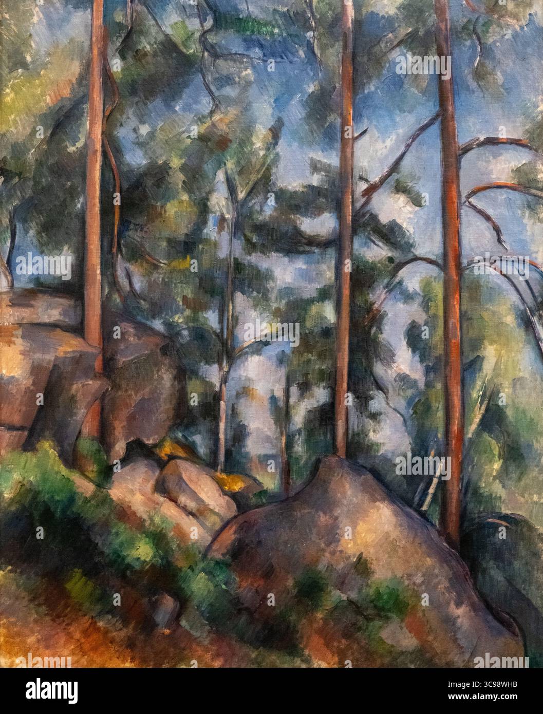 Gemälde namens Pines and Rocks, Fountainebleau von Paul Cezanne im MOMA Art Museum in New York Stockfoto