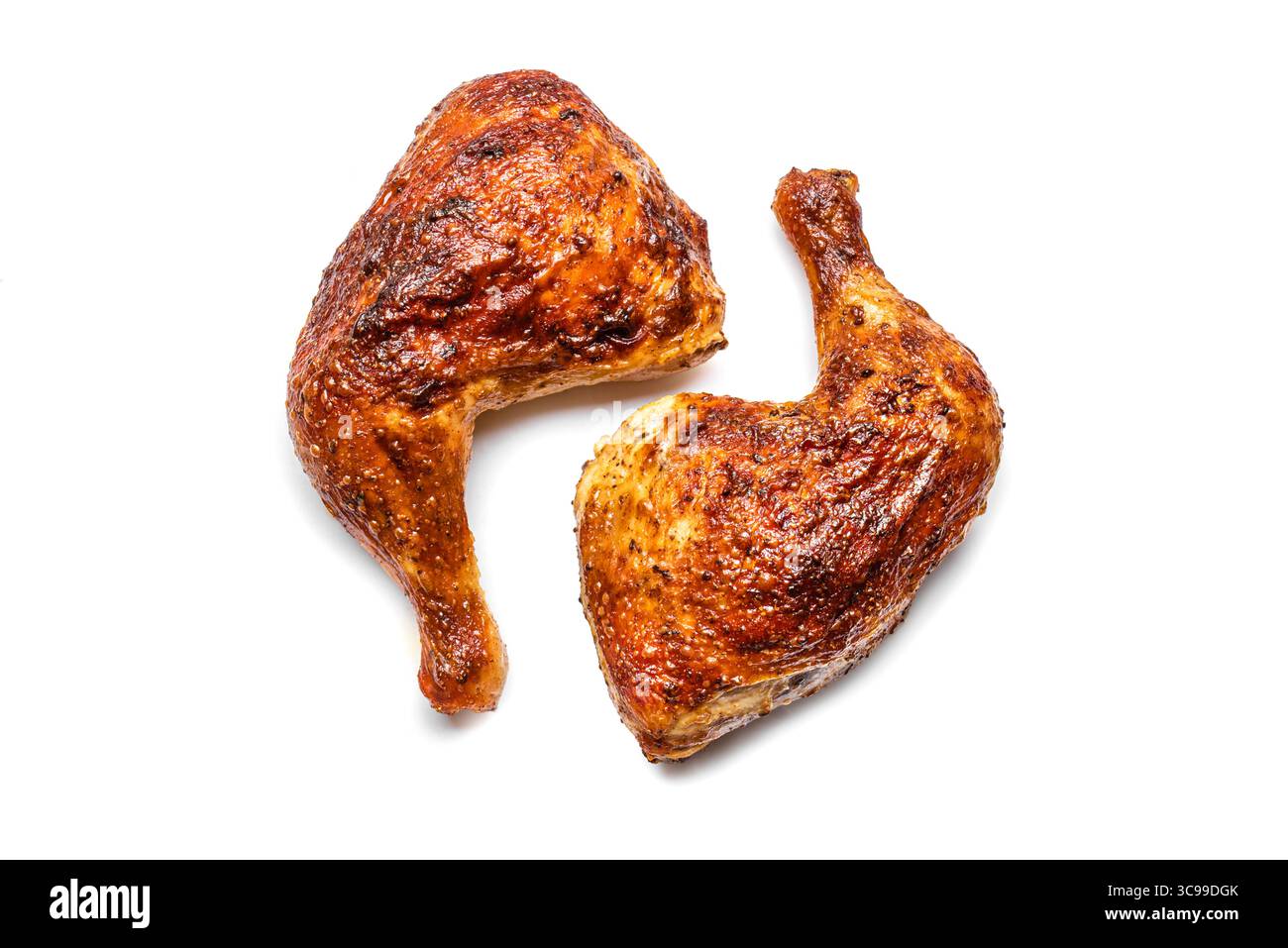 Geröstetes Hähnchenviertel isoliert auf weißem Hintergrund, Draufsicht, Designelement. Im Ofen gebackenes Hähnchen oder putenschenkel. Stockfoto