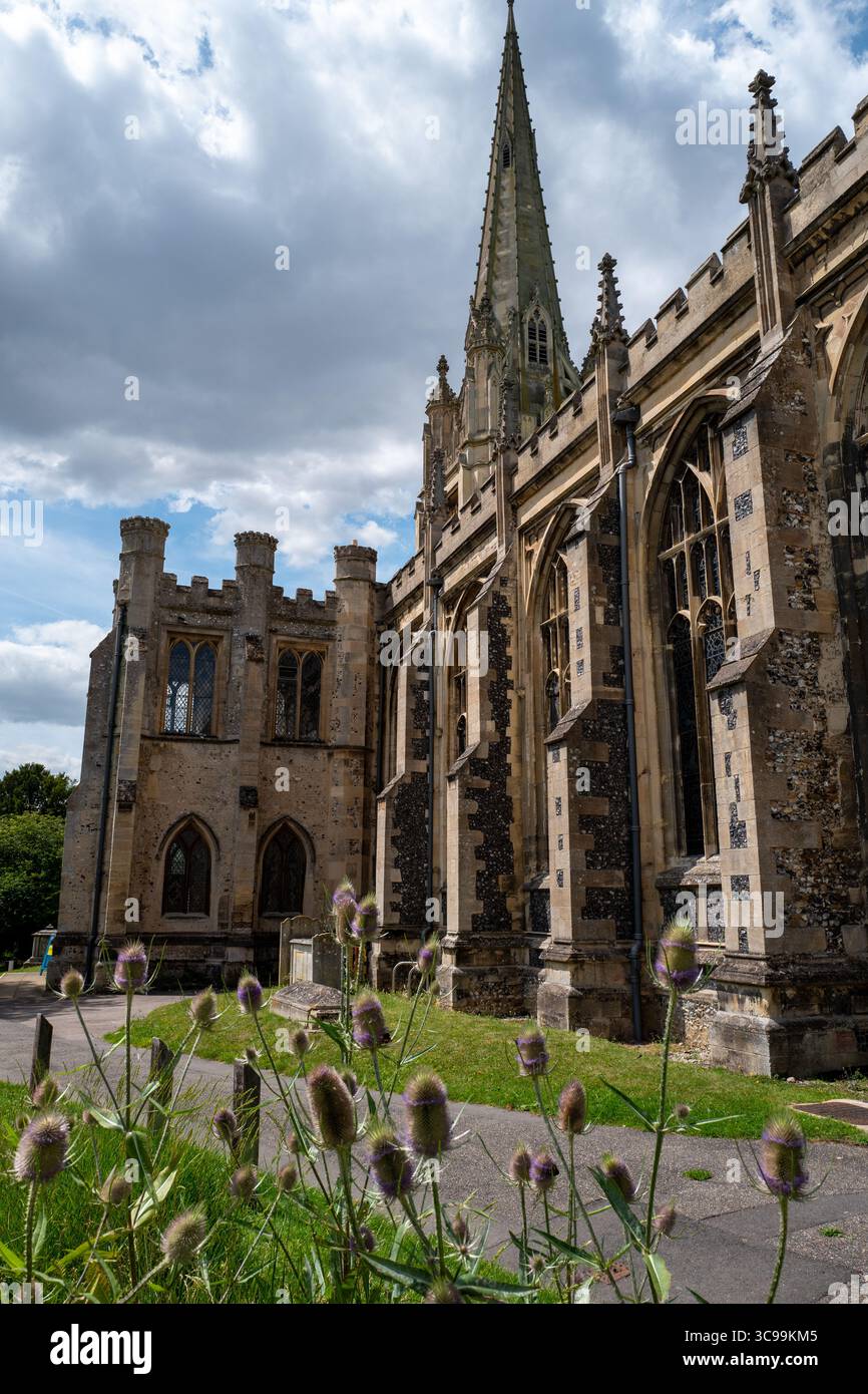 Safran Walden England UK Essex English Villages Green Parks Bunte Häuser Tudor Häuser Wonky Houses St Marys Church Stockfoto