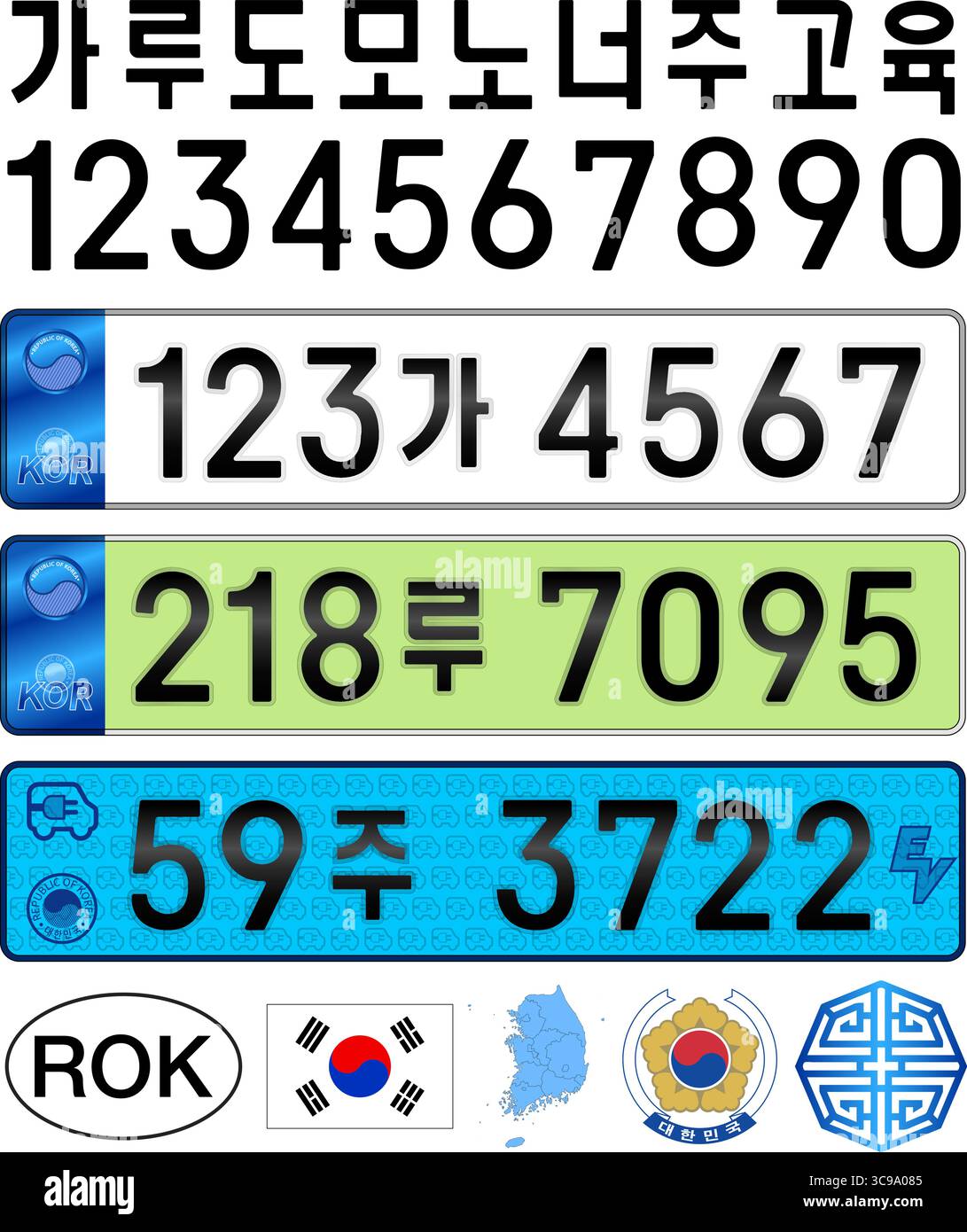 Südkoreanisches neues Autokennzeichen, Buchstaben, Zahlen und Symbole, Vektorillustration, asiatisches Land Stock Vektor