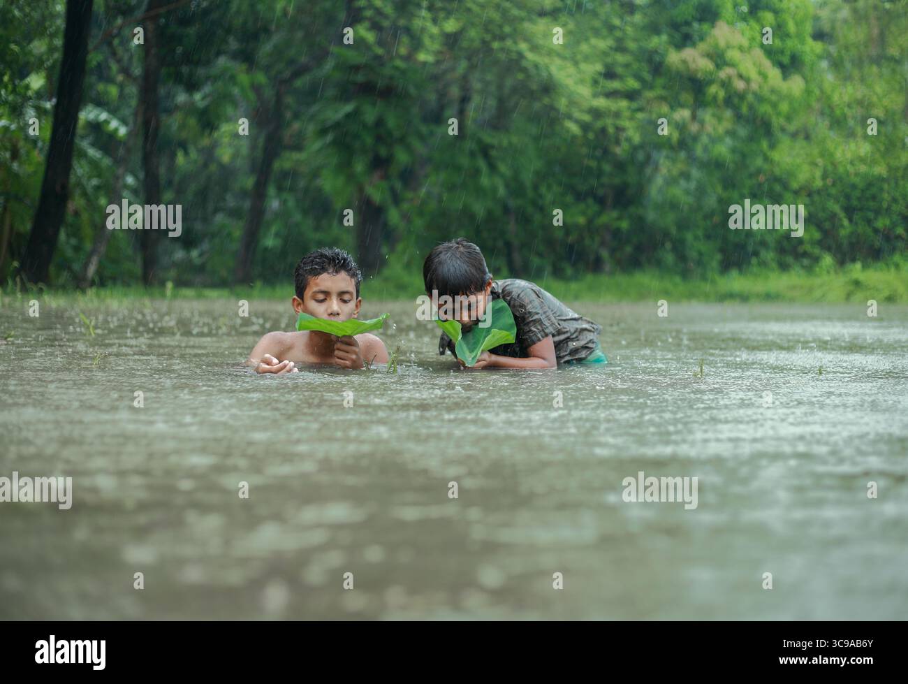 Mirsarai, Bangladesch - 01. Januar 2000: Blick auf zwei Kinder, die hüfttief im Hochwasser liegen und ihre Gesichter durch das blassgrüne der Blätter beleuchtet werden, die sie wieder halten Stockfoto