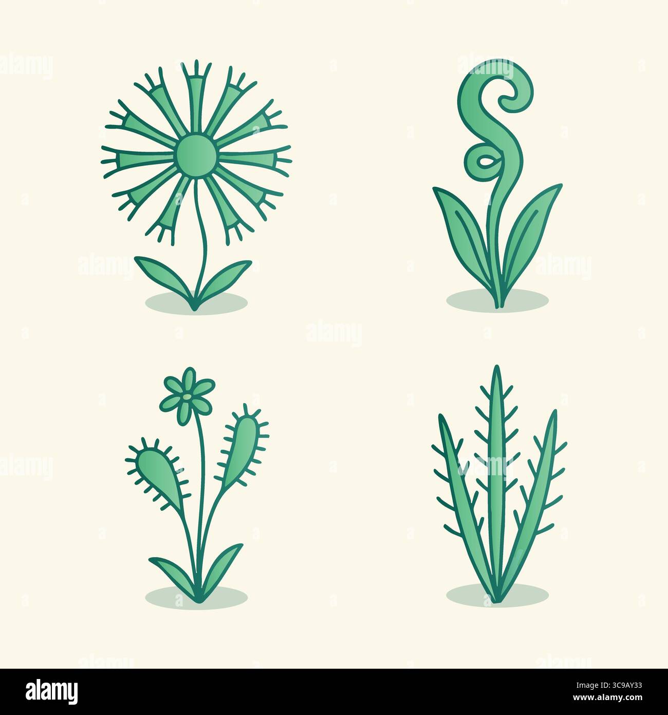 Sechs grüne Silhouettensymbole mit einem Löwenzahn-Samenkopf, einem gelockten fiddlehead-Farn, hohen Grasklingen und verschiedenen Blattsprossen. Stock Vektor