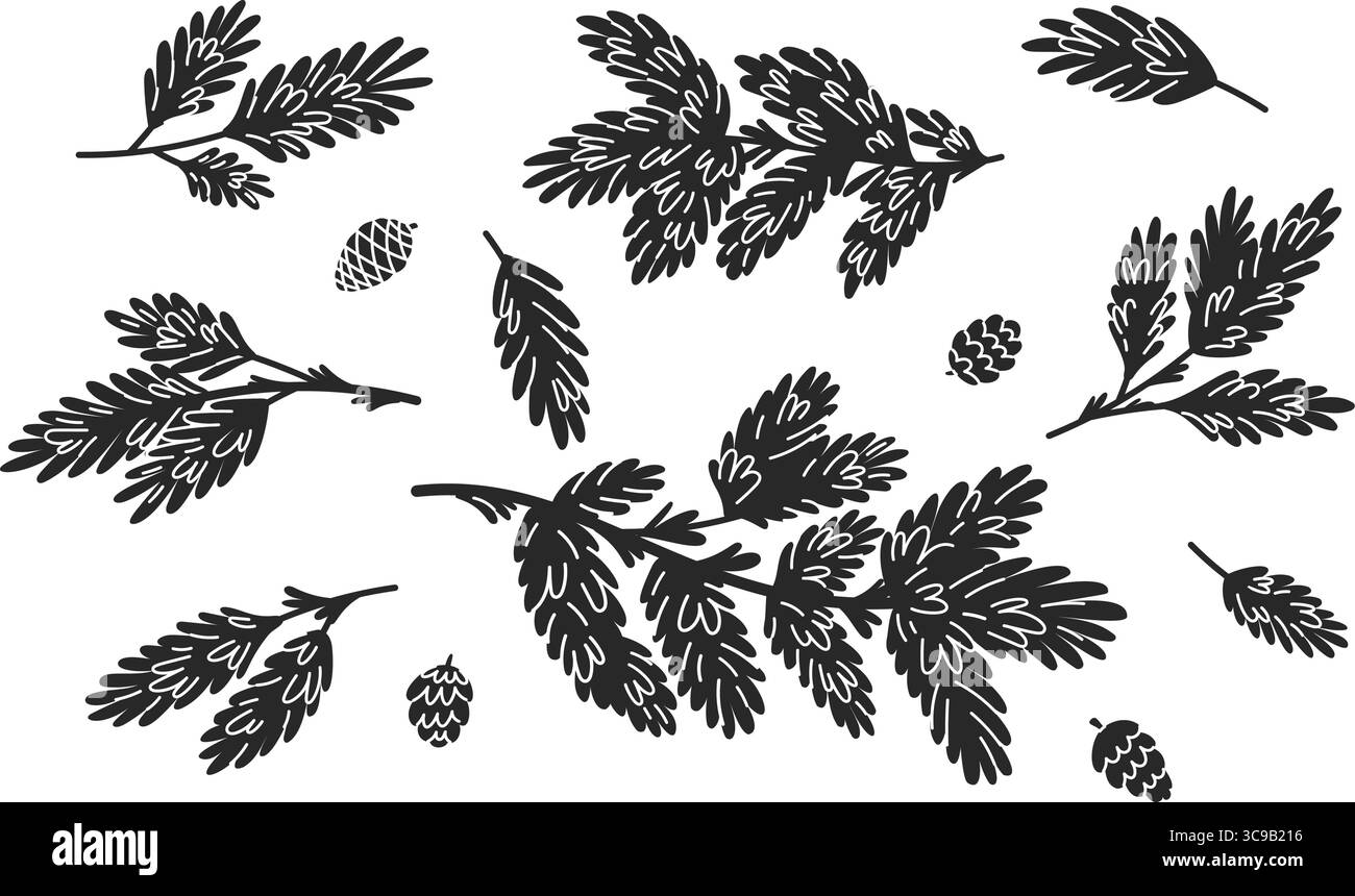 Fichtenzweige mit Kegeln. Schwarze Silhouetten von Kiefernzweigen. Weihnachtsgirlande. Nadelpflanzenstiele. Immergrüne Tannenstämme. Weihnachtsdekoration mit Stock Vektor