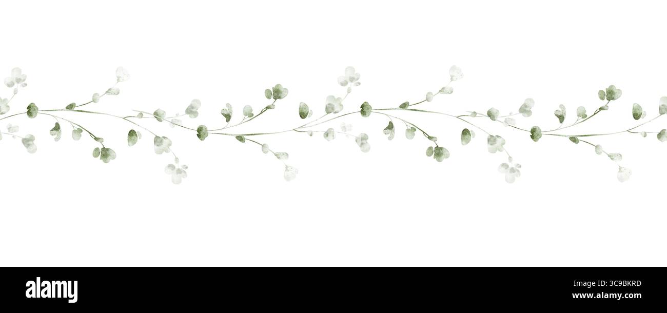 Aquarellrandnaht mit grünen Pflanzenzweigen. Transparenter Hintergrund. Perfekt für Banner, Hintergrundbilder, Einladung, Vorlage, Grußkarte, und Stockfoto