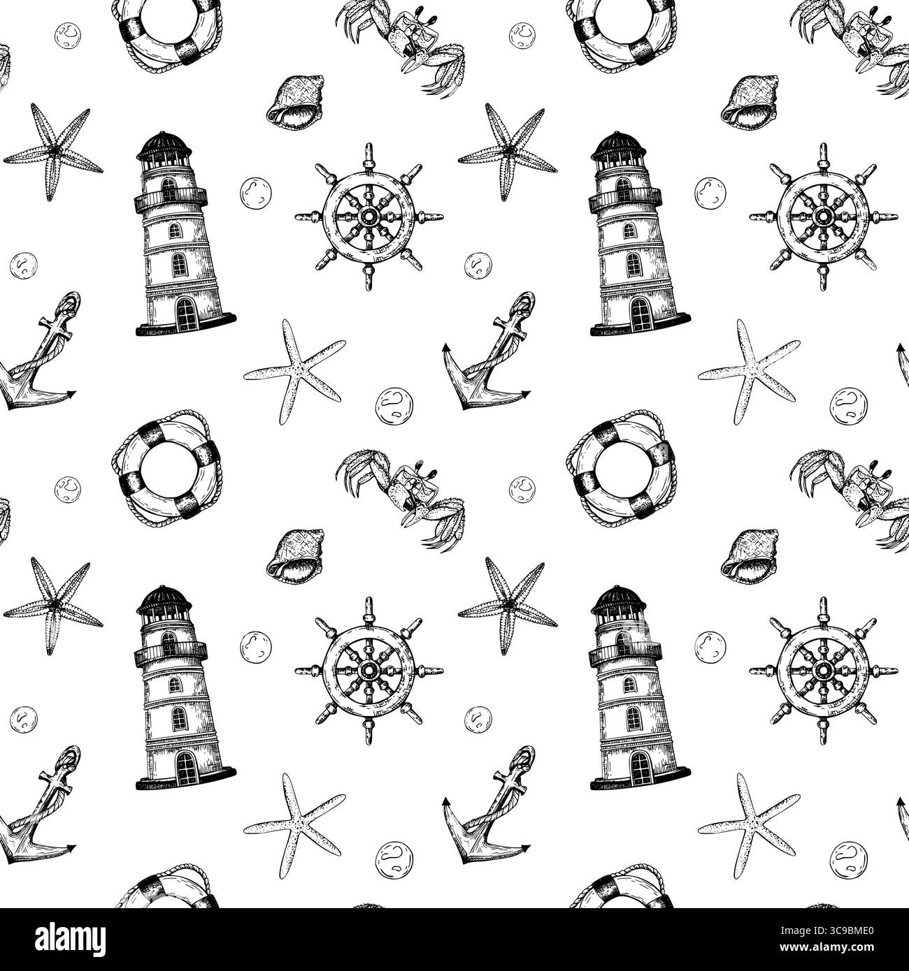 Nahtloses Wiederholungsmuster mit Elementen wie Schiffsrad, Krabbe, Seesterne, Anker, Rettungsring. Der detaillierte handgezeichnete Schwarz-weiß-Vektor Stock Vektor