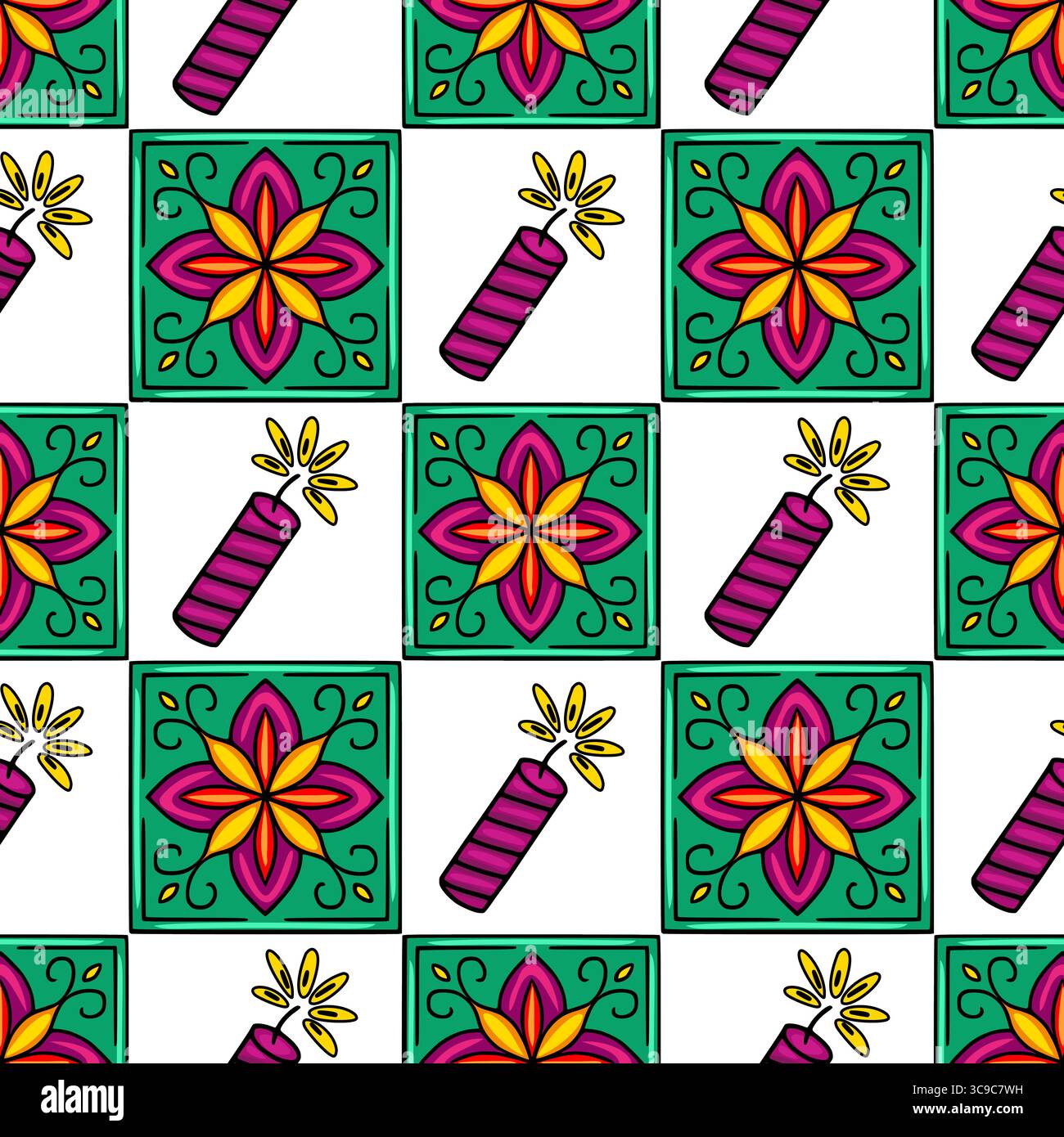 Festliche nahtlose Vektormuster lebendige Petrol-Blumenfliesen und explodierende Feuerwerkskörper Stock Vektor