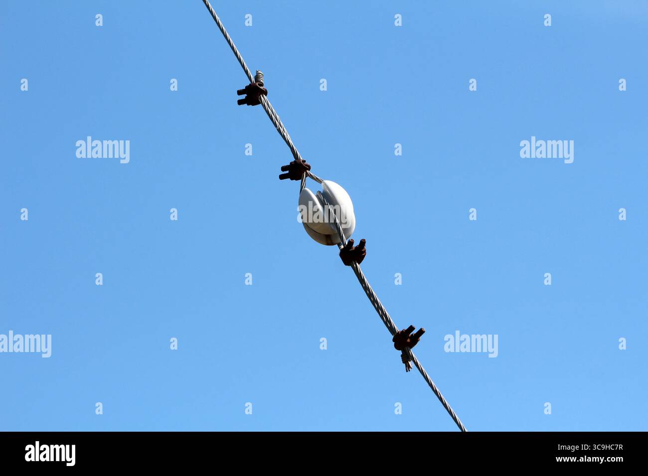 Ein straffes Stahlkabel ist mit Metallklemmen und einem weißen Keramikisolator befestigt, der an einem leuchtend blauen Himmel aufgehängt ist und die Versorgungsinfrastruktur veranschaulicht Stockfoto