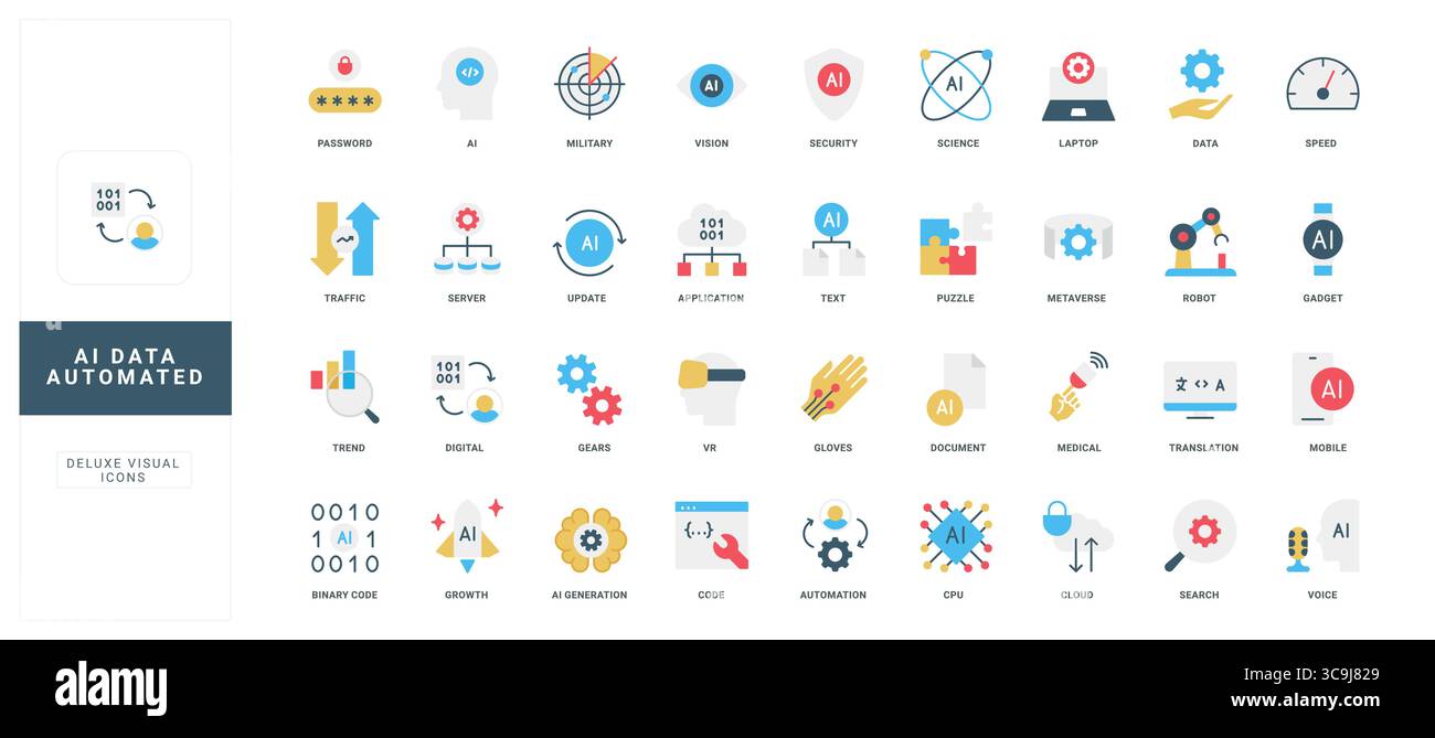 Moderne flache Symbole für KI, Automatisierung, Daten, Sicherheit, Cloud, Übersetzungs- und digitale Technologiekonzepte für fortschrittliche künstliche Intelligenz-Systeme isolierte Vektorillustration Stock Vektor
