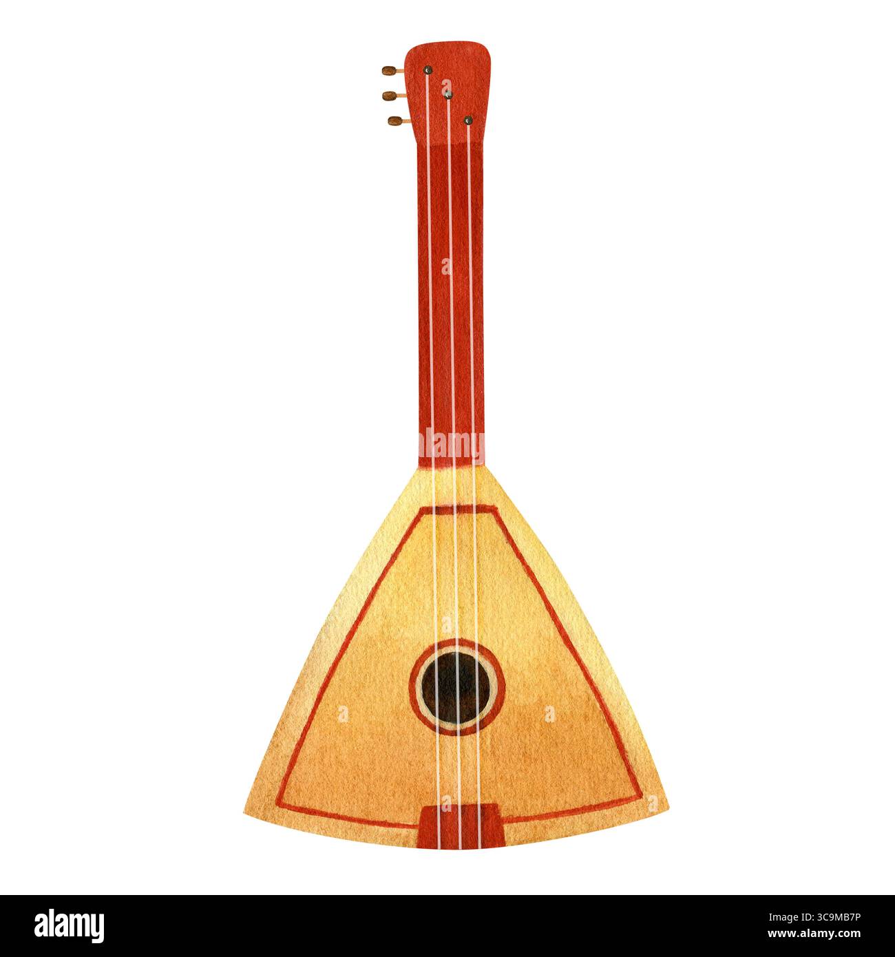 Musikinstrument Balalaika. Aquarellillustration handgezeichnet isoliert auf weißem Hintergrund. Illustration für Postkarten, Aufkleber, Design. Musik, ho Stockfoto