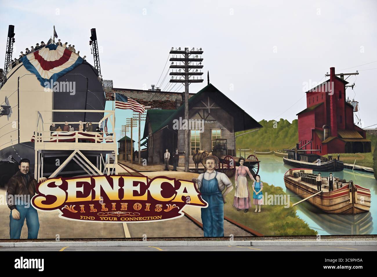 Seneca, Illinois, USA. Ein Wandgemälde in einer Gemeinde in Illinois, das eine Reihe von Verbindungen zur Vergangenheit enthüllt. Stockfoto