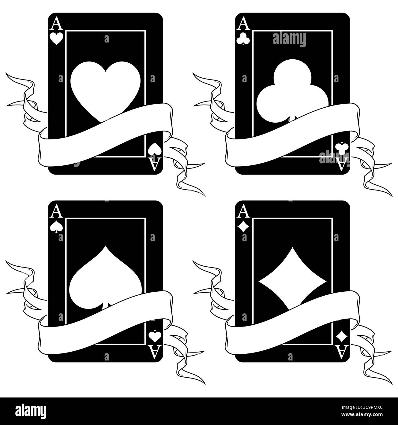 Pokerkarte, umgeben von einem Band, Poker-Symbole von Herz, Diamant, Club und Ass Stock Vektor