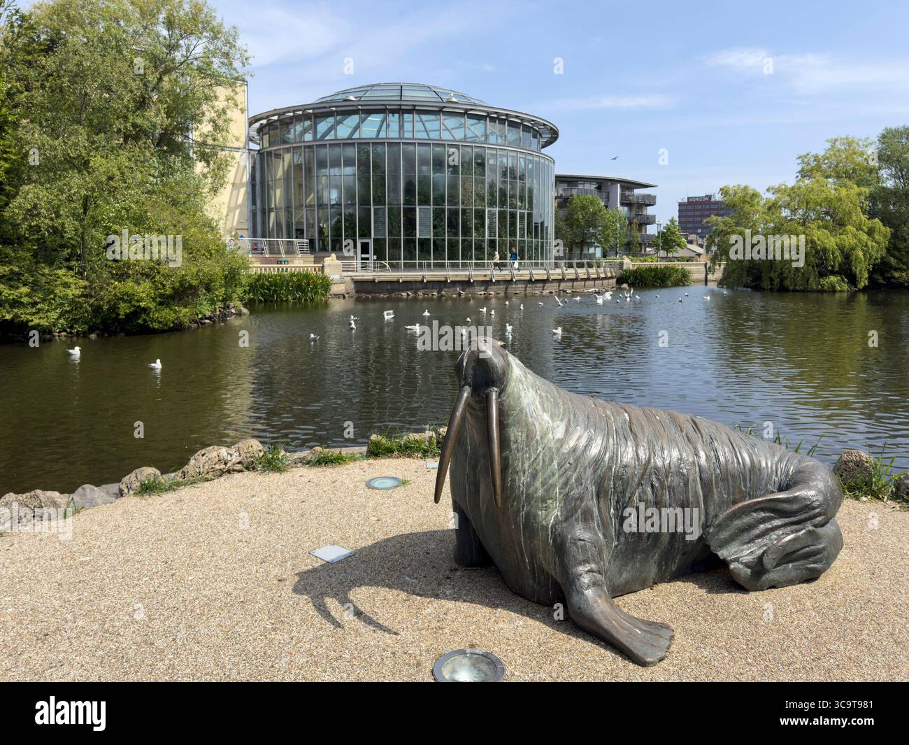 SUNDERLAND, TYNE AND WEAR, ENGLAND - 12. JUNI 2025: Sunderland Museum und Winter Gardens mit Walrossskulptur im Mowbray Park - Smartphone-aufgenommenes Stockfoto