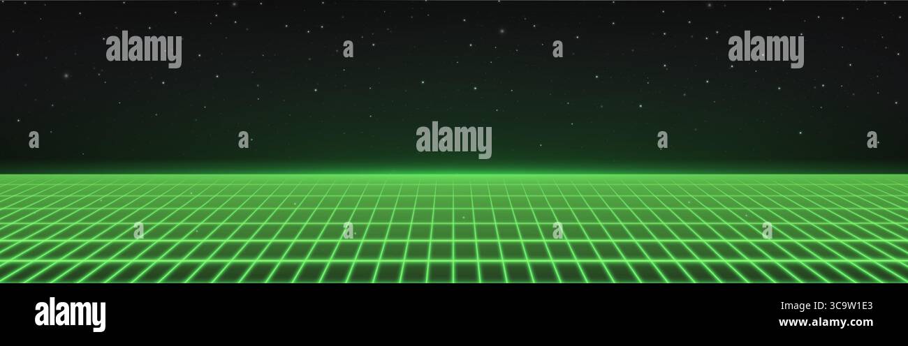 Der Rasterboden im Retro-Green-Game-Design erstreckt sich bis in den dunklen Raum mit verstreuten Sternen für Cyberpunk- und Sci-fi-Design. Neonperspektive Linien mit Sternenhimmel. Hintergrund für die digitale Technologie für Spielebanner. Stock Vektor