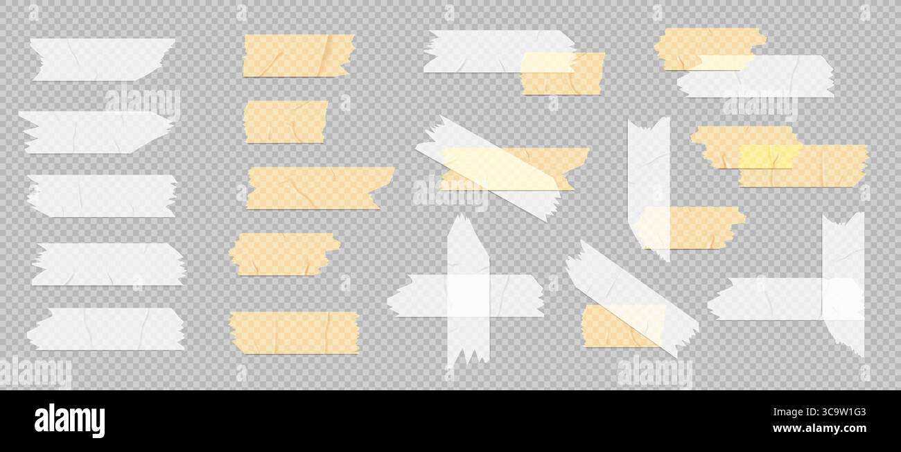 Transparente Streifen mit gelben Papierstücken für Notizen und Etiketten. Selbstklebende Pastell-Rechtecke, gerissen oder geschnitten für Scrapbooking und Büroorganisation. Notizzettel mit rauen Kanten. Stock Vektor