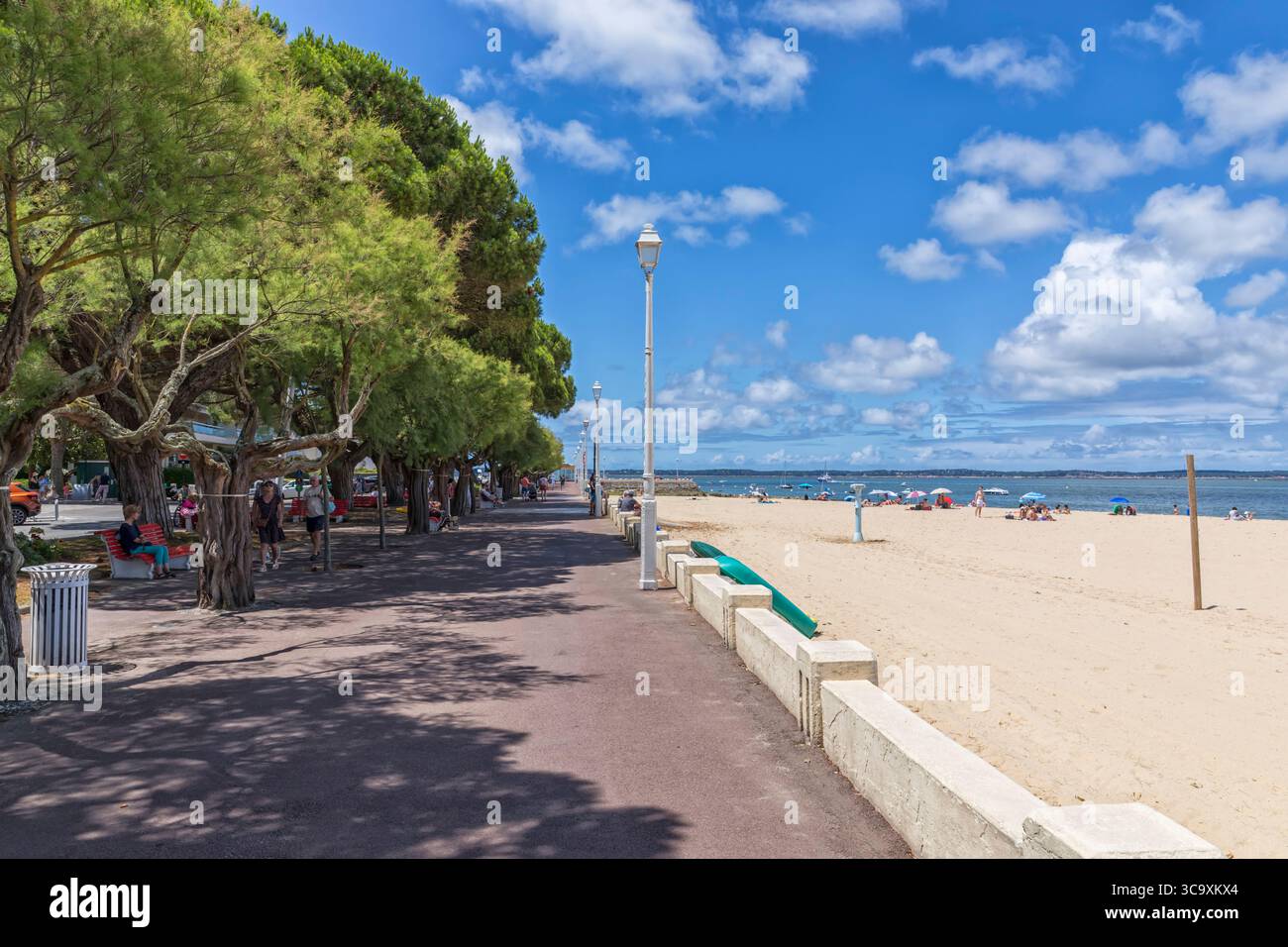 Arcachon, Frankreich – 26. Juni 2025: Die von Tamarix-Bäumen gesäumte Promenade und der Stadtstrand am Arcacon Basin an einem sonnigen Sommertag. Stockfoto