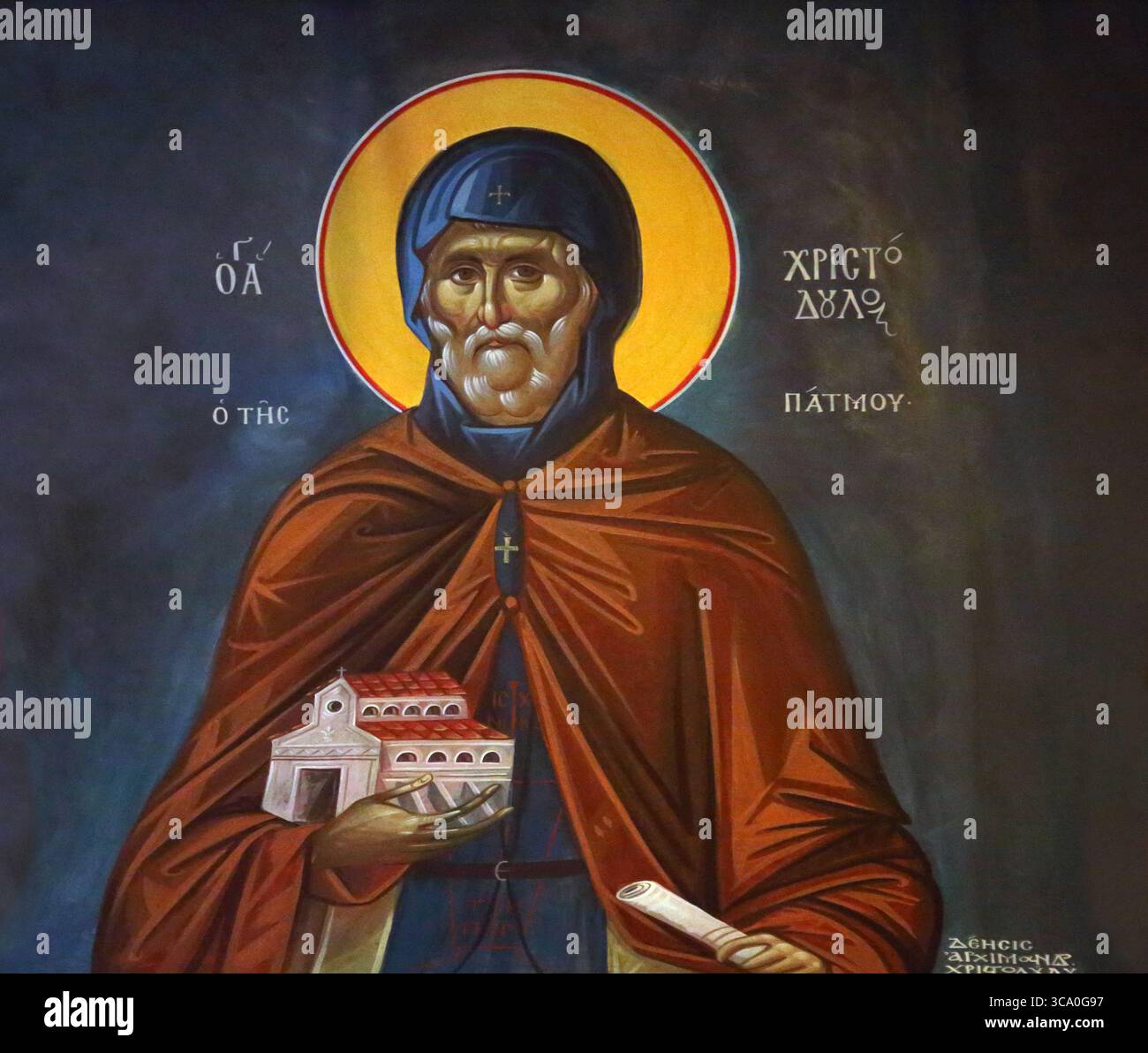 Der heilige Christodoulos von Patmos wurde als Gründer des Klosters von St. Johannes dem Theologen auf Patmos bei der Himmelfahrt der Marienkirche Voula verehrt Stockfoto