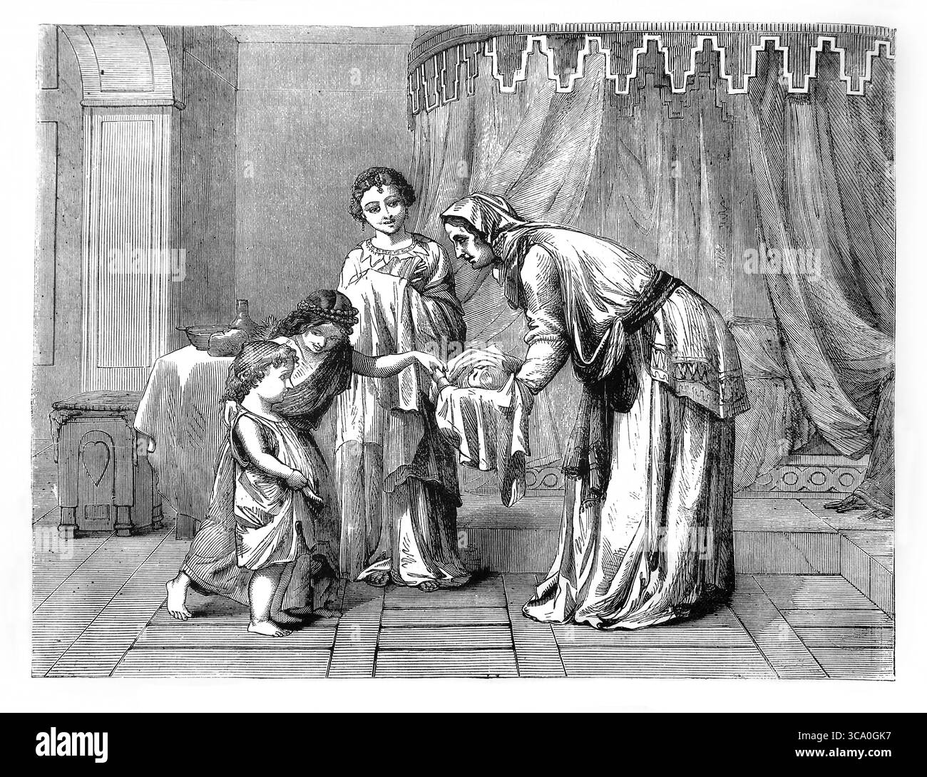 Illustration von Psalm CXIII.9 Er macht die unfruchtbare Frau dazu, das Haus zu halten und eine freudige Mutter der Kinder aus dem antiken 19. Jahrhundert der Heiligen Bibel zu sein Stockfoto