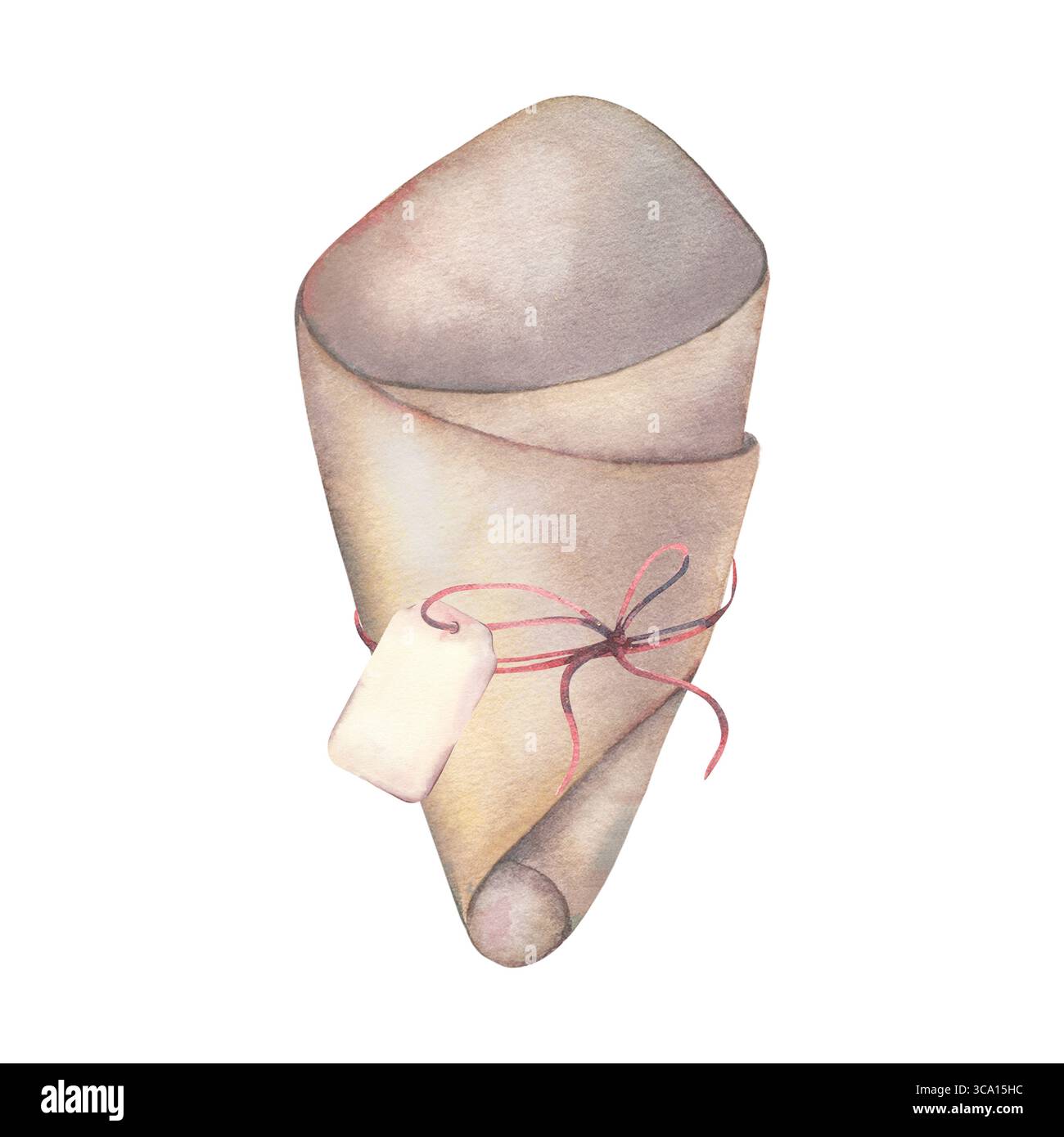 Leere Bastelpapierfolie mit Schnur gebunden. Handgemalte Aquarellillustration von Papierkegel für Blumenstrauß, Lebensmittel isoliert auf weiß für umweltfreundliche Verpackungen Stockfoto