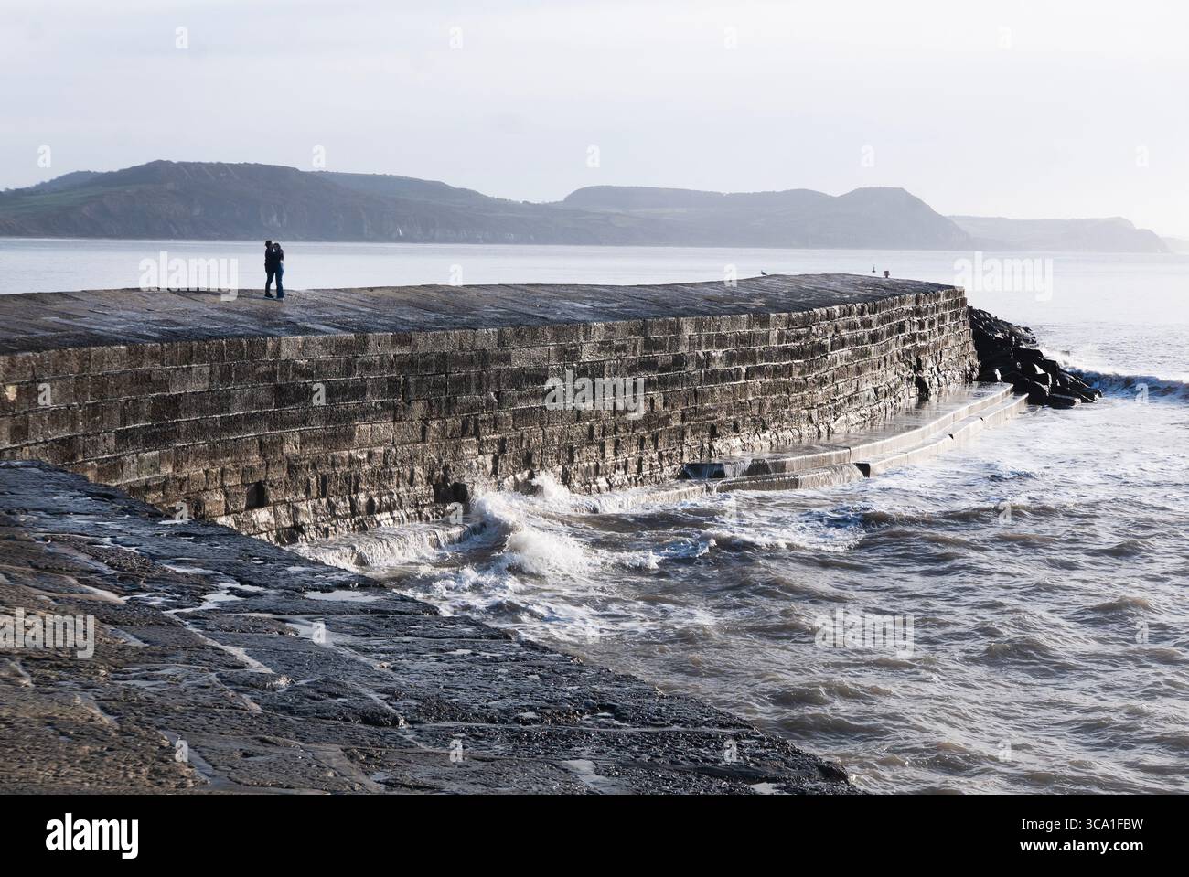 Die Cobb, Lyme Regis ist eine weltberühmte Puppenwand, um Hafenboote vor Stürmen zu schützen. Berühmt wurde sie durch den Film French Lt Woman, John Fowles Roman. Stockfoto