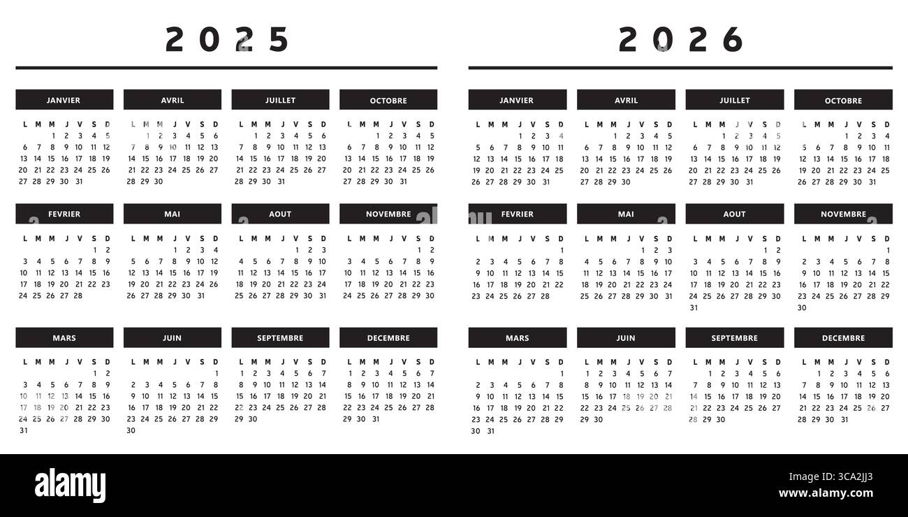Kalender 2025 und 2026 mit Feldern in Schwarzweiß 4 Spalten – Französisch Stock Vektor