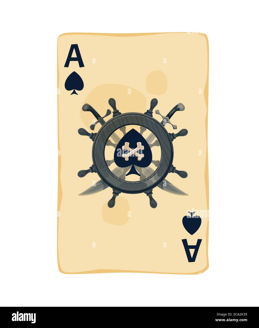 Karibische Piraten oder Korsaren spielen die Ikone eines Pik-Ases, das Karte spielt, mit einem alten Pergamenthintergrund, einem Spatenemblem mit überkreuzten Knochen in der Mitte eines Piratenschiffes, dem Lenkrad und Schwertern Stock Vektor