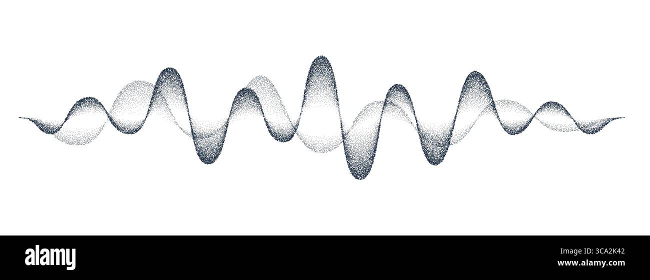 Rauschkörnung Schallwelle, Vektormusik Schallwellenlinie mit gepunktetem Halbtonmuster. Schwarzer Stipple-Farbverlauf. Vintage-Noise-Körnung, Sandstipple-Stimme und musikalischer Klang-Wellenform-Fluss oder Sinuswelle Stock Vektor