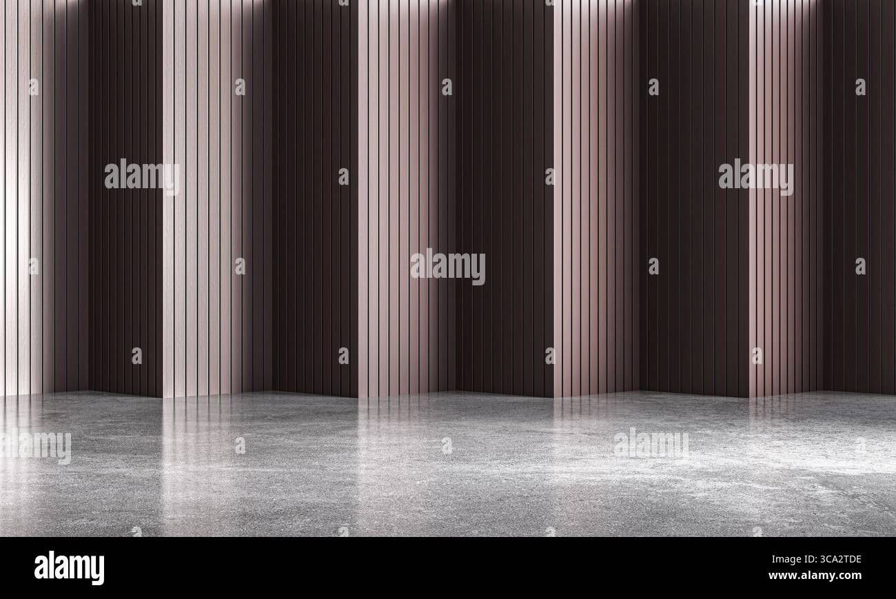 Leeres, modernes Zimmer mit Holzpaneelen 3D Stockfoto