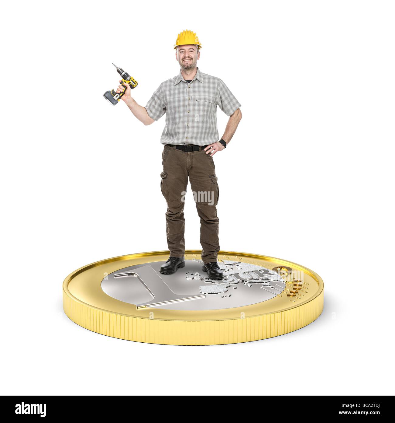 Bauarbeiter, der auf einer Euro-Münze steht Stockfoto